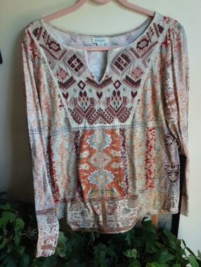 Sundance Multicolor Patchwork-Print Long Sleeve Tee - Orange, Cream, Burgundy